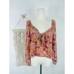 🪴5/$25🪴 Patrons of Peace Floral Crop Top Small Long Sleeve Tie Front Boho 70s